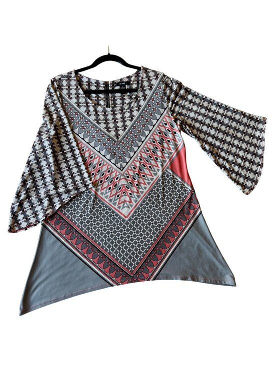 Alfani Tops - Womens Peach Grey Black Tunic Top L  Alfani Geometric Print Bell Sleeve High-Low